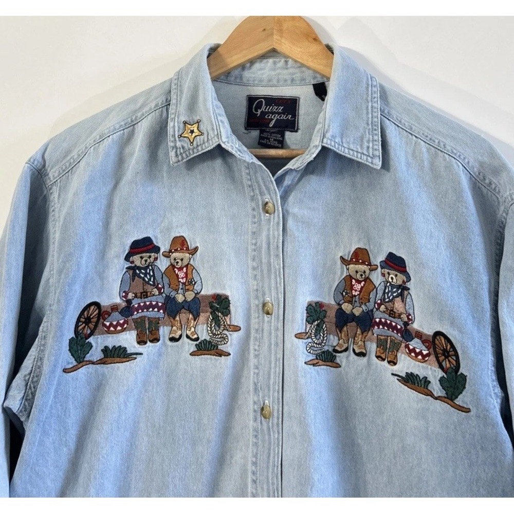 Women's Quizz Again Vintage 90's Chambray L/S Denim Shirt Sz Med Western Bears